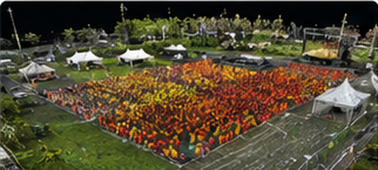 Aerial event site model showing an audience area and stage
