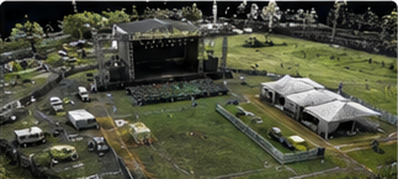 Event production site showing a stage and supporting infrastructure